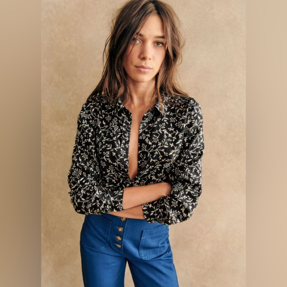 Sezane Ann Two-Tone Black Floral Print 38/6 NWT